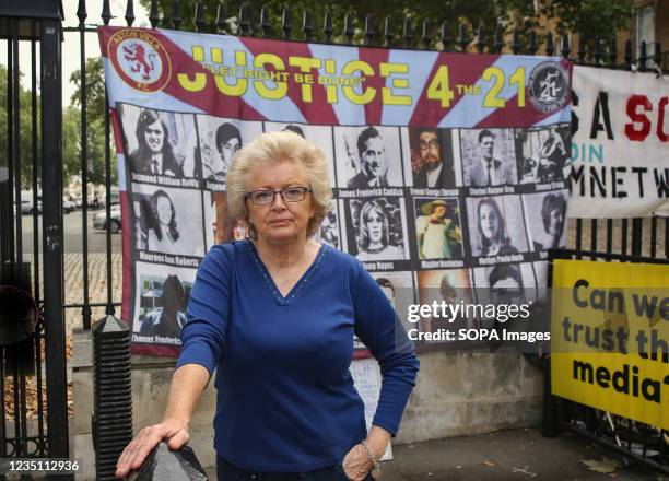 Julie Hambleton protests opposite the gates to Downing Street. Her organisation Justice for the 21 seek truth, justice and accountability on behalf...