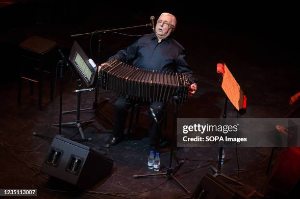 Bandoneon Daniel Binelli is seen playing his instrument on the stage during 'Binelli-Ferman Duo' concert at Echegaray Theatre. World-class musicians...