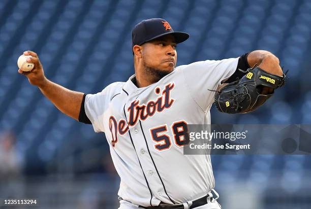 Wily Peralta of the Detroit Tigers pitches during the first inning against the Pittsburgh Pirates at PNC Park on September 7, 2021 in Pittsburgh,...