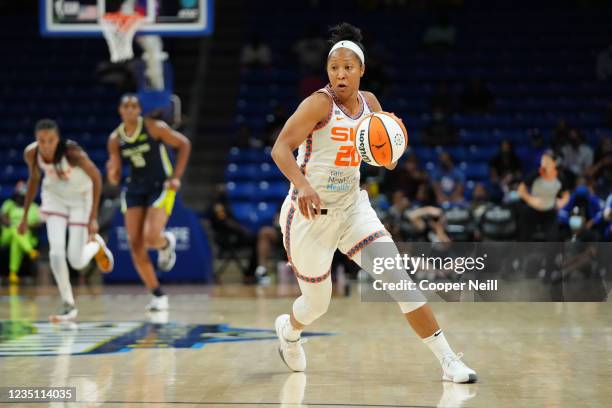 Briann January of the Connecticut Sun dribbles the ball during the game against the Dallas Wings on September 7, 2021 at College Park Center in...