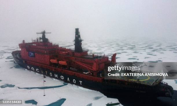 The Russian "50 Years of Victory" nuclear-powered icebreaker is seen at the North Pole on August 18, 2021.