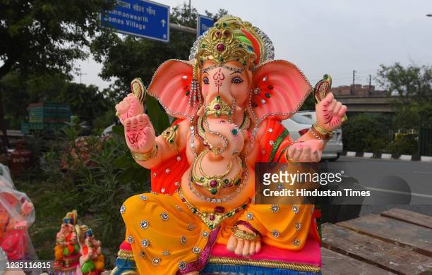Idols of Lord Ganesha for upcoming Ganesh Chaturthi, at Yamuna Pusta near Mayur Vihar Pahse-I on September 7, 2021 in New Delhi, India.