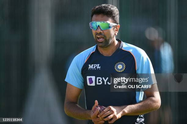 India's Ravichandran Ashwin attends a team practice session ahead of the fifth cricket Test match between England and India at Old Trafford in...