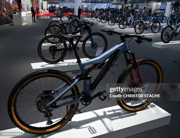 Bicycles from different manufacturers are presented in a hall of the International Motor Show Germany, on September 8, 2021 in Munich, southern...