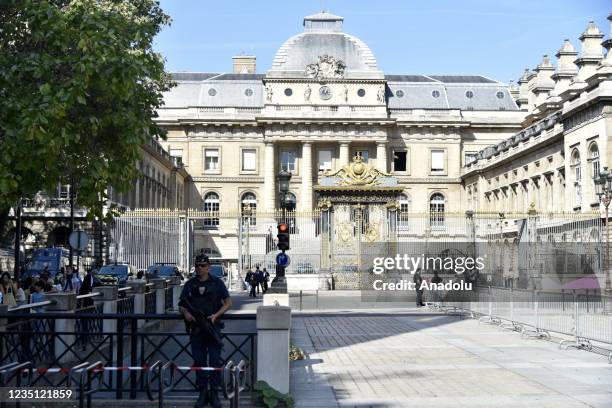 Security forces increase measures outside Paris Justice Palace as trial begins over Paris terror attacks on September 08, 2021. In November 2015,...