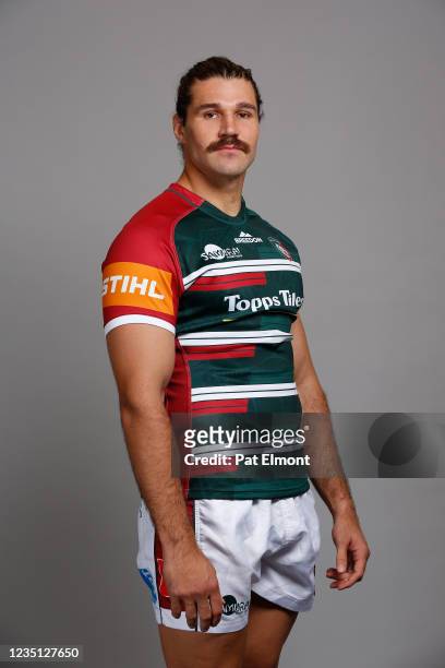 Kobus van Wyk poses for a portrait during the Leicester Tigers squad photo call for the 2021-22 Gallagher Premiership Rugby season at Oval Park,...