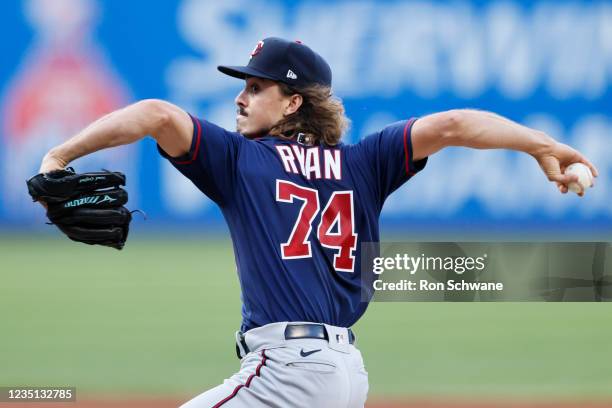 Joe Ryan of the Minnesota Twins pitches against the Cleveland Indians during the first inning at Progressive Field on September 08, 2021 in...