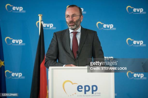 Chairman of the center-right European People Party group Manfred Weber addresses a joint press conference during the EPP Groups Bureau meeting in...