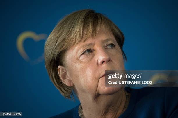 German Chancellor Angela Merkel is pictured during a joint press conference during the EPP Groups Bureau meeting in Berlin, on September 9, 2021. -...