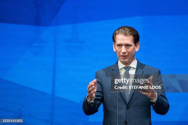 Austrian Chancellor Sebastian Kurz gives a speech during the EPP Groups Bureau meeting in Berlin, on September 9, 2021. - The Group's Bureau of the...