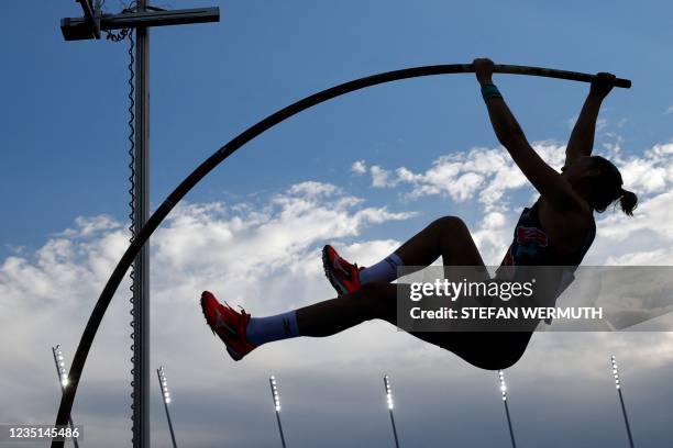 Britain's Holly Bradshaw competes in the women's pole vault event of the IAAF Diamond League athletics meeting "Weltklasse" in Zurich on September 9,...