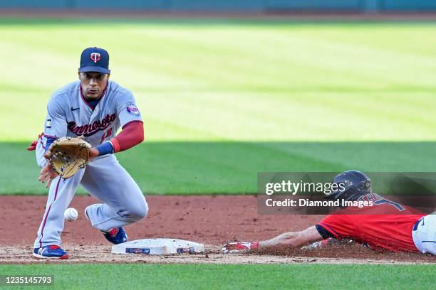 Jorge Polanco of the Minnesota Twins covers as Myles Straw of the Cleveland Indians steals second base in the first inning at Progressive Field on...