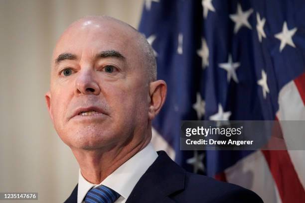Homeland Security Secretary Alejandro Mayorkas speaks during a news conference at the National Press Club on September 9, 2021 in Washington, DC....