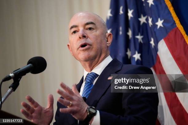 Homeland Security Secretary Alejandro Mayorkas speaks during a news conference at the National Press Club on September 9, 2021 in Washington, DC....