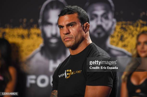 Vitor Belfort looks on during a press conference ahead of his heavyweight fight against Evander Holyfield on September 11 at The Harbor Beach...
