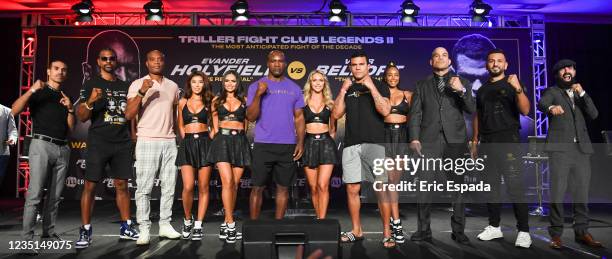 Andy Vences, David Haye, Anderson Silva, Evander Holyfield, Vitor Belfort, Tito Ortiz, Joe Fournier and Jono Carroll pose during a press conference...