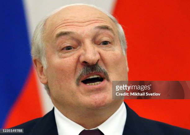 Belarussian President Alexander Lukashenko speaks during a joint press conference at the Kremlin on September 9, 2021 in Moscow, Russia. President of...