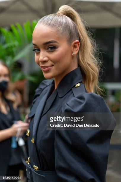 Model Jasmine Sanders is seen arriving at the Moschino by Jeremy Scott Spring Summer 2022 fashion show during New York Fashion Week at Bryant Park on...