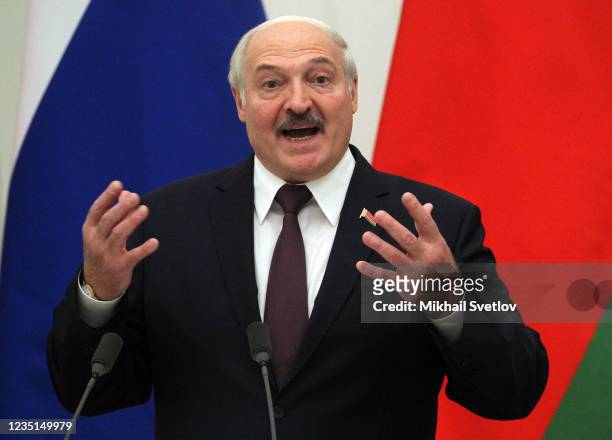 Belarussian President Alexander Lukashenko speaks during a joint press conference at the Kremlin on September 9, 2021 in Moscow, Russia. President of...