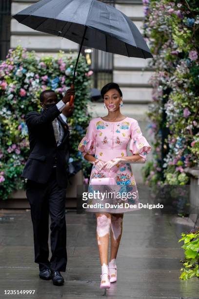 Model Winnie Harlow is seen walking to the runway at the Moschino by Jeremy Scott Spring Summer 2022 fashion show during New York Fashion Week at...