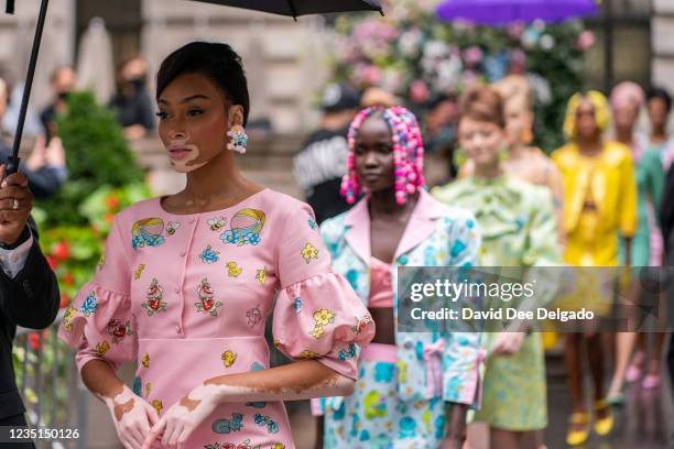 Model Winnie Harlow is seen walking to the runway at the Moschino by Jeremy Scott Spring Summer 2022 fashion show during New York Fashion Week at...