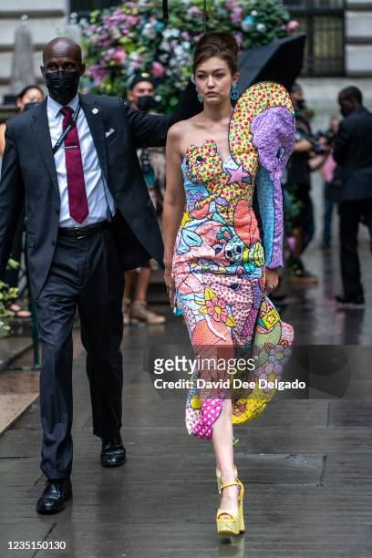 Gigi Hadid is seen walking to the runway at the Moschino by Jeremy Scott Spring Summer 2022 fashion show during New York Fashion Week at Bryant Park...
