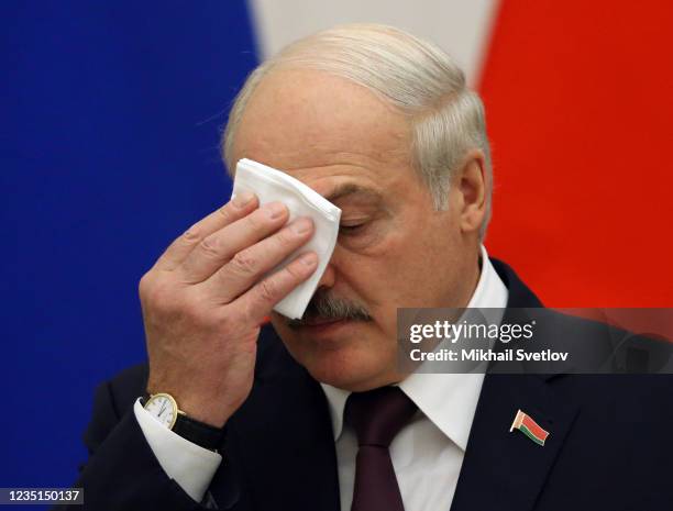 Belarussian President Alexander Lukashenko seen during a joint press conference at the Kremlin on September 9, 2021 in Moscow, Russia. President of...