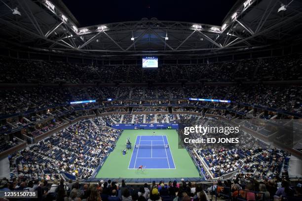 An overview shows Arthur Ashe Stadium during the 2021 US Open Tennis tournament women's semifinal match between Belarus's Aryna Sabalenka and...