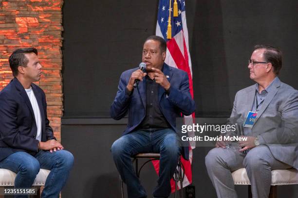Republican recall candidate Larry Elder appears with a group of pastors during a Latino town hall event at the New Season LA Church as he campaigns...