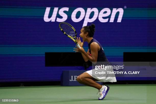 Canada's Leylah Fernandez celebrates after winning her 2021 US Open Tennis tournament women's semifinal match against Belarus's Aryna Sabalenka at...