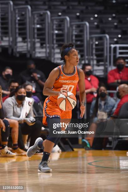 Briann January of the Connecticut Sun handles the ball during the game against the Los Angeles Sparks on September 9, 2021 at the Staples Center in...