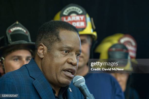 Republican recall candidate Larry Elder speaks during a campaign stop with firefighters from various locations in his attempt to unseat Gov. Gavin...