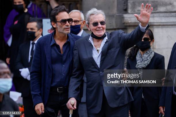 French actor Alain Delon his son Anthony Delon arrives for the funeral ceremony for late French actor Jean-Paul Belmondo at the...