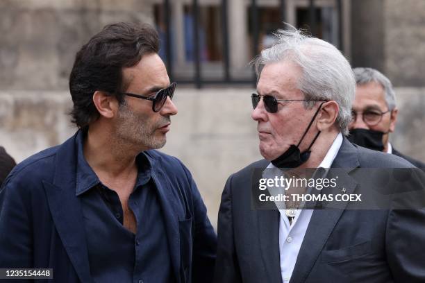 French actor Alain Delon his son Anthony Delon arrives for the funeral ceremony for late French actor Jean-Paul Belmondo at the...