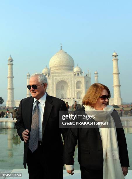 Defense Secretary Robert Gates poses with his wife Becky in front of the Taj Mahal in Agra on January 20, 2010. The Al-Qaeda network poses a serious...