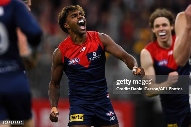 Kysaiah Pickett of the Demons celebrates a goal during the 2021 AFL First Preliminary Final match between the Melbourne Demons and the Geelong Cats...