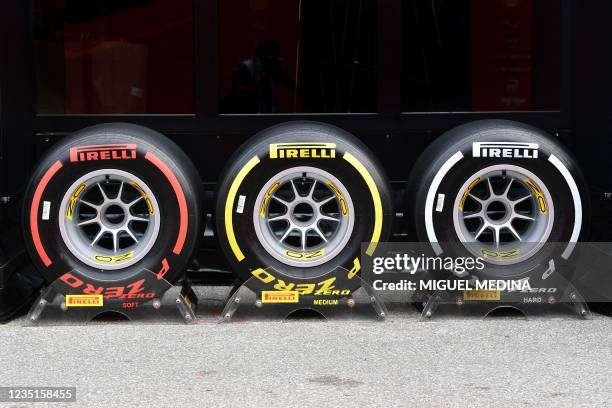 This picture shows Pirelli tyres on display prior to a practice session at the Autodromo Nazionale circuit in Monza, on September 10 ahead of the...