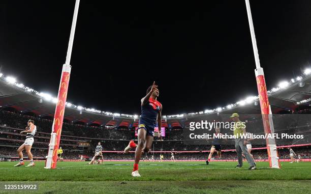 Kysaiah Pickett of the Demons celebrates a goal during the 2021 AFL First Preliminary Final match between the Melbourne Demons and the Geelong Cats...
