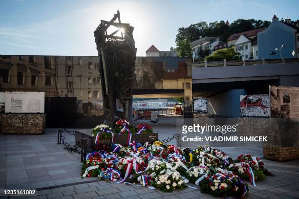 Photo taken on September 9, 2021 shows the Holocaust Memorial located in the center of Bratislava's Old Town. - The Holocaust Memorial is located on...