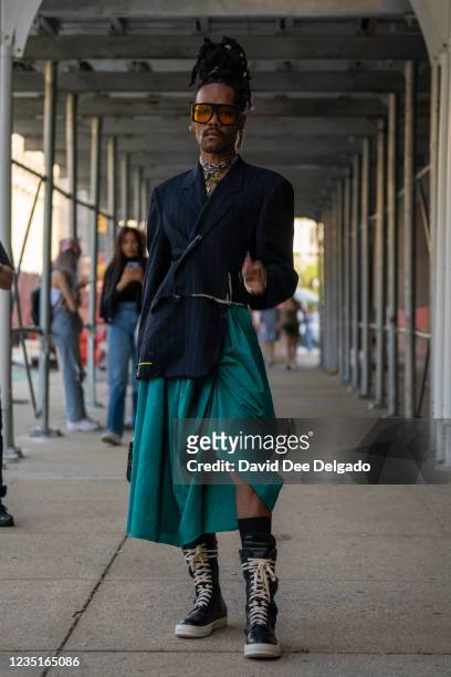 Déare is seen wearing Déare at Spring Studios during New York Fashion Week on September 10, 2021 in New York City.