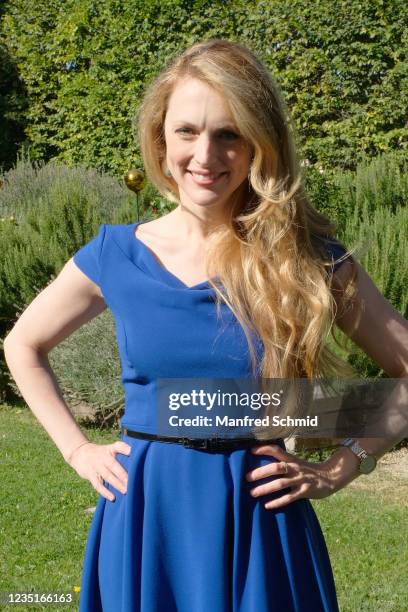 Natalie Alison poses during the filming of the series "Walking on Sunshine" at MMC Lounge on September 10, 2021 in Vienna, Austria.