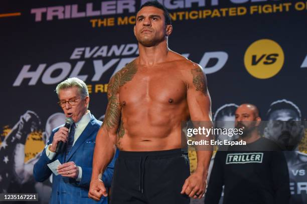 Vitor Belfort poses during the weigh-in ahead of his fight against Evander Holyfield on September 11 at The Harbor Beach Marriott on September 10,...