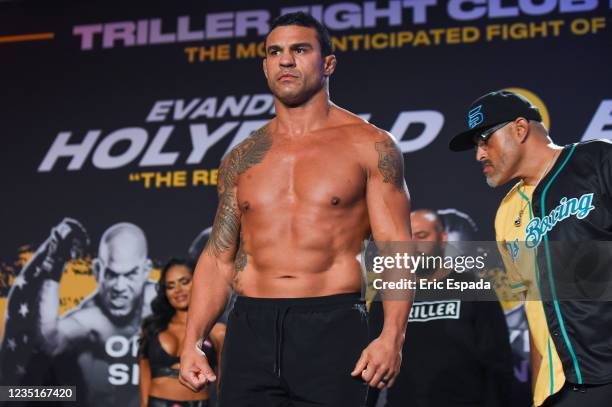Vitor Belfort poses during the weigh-in ahead of his fight against Evander Holyfield on September 11 at The Harbor Beach Marriott on September 10,...