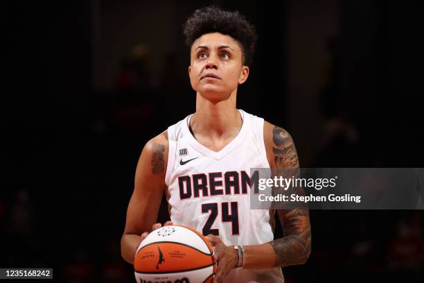 Candice Dupree of the Atlanta Dream looks to shoot a free throw against the Washington Mystics on September 10, 2021 at the Entertainment & Sports...