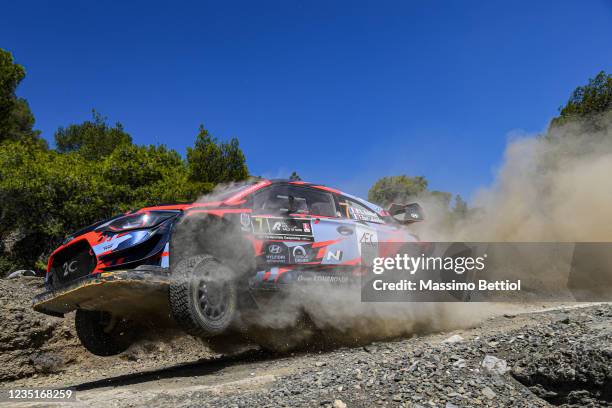 Pierre Louis Loubet of France and Florian Haut Labourdette of France compete with their Hyundai 2C Competition Hyundai i20 Coupe WRC during Day Two...