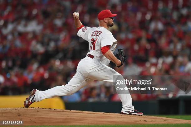 Starting pitcher Jon Lester pitches in the first inning against the Cincinnati Reds at Busch Stadium on September 10, 2021 in St. Louis, Missouri.