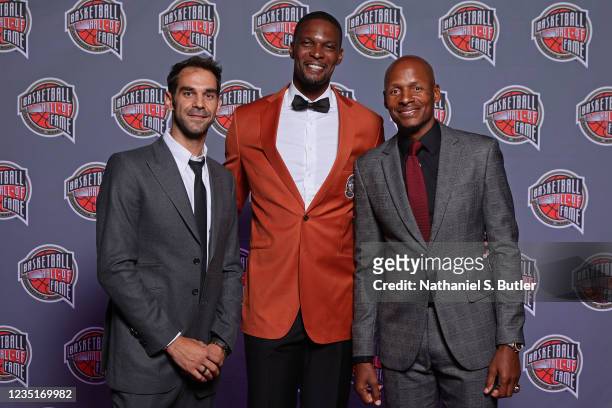 Jose Calderon, Chris Bosh and Ray Allen pose for a portrait during the Class of 2021 Tip-Off Celebration and Awards Gala as part of the 2021...