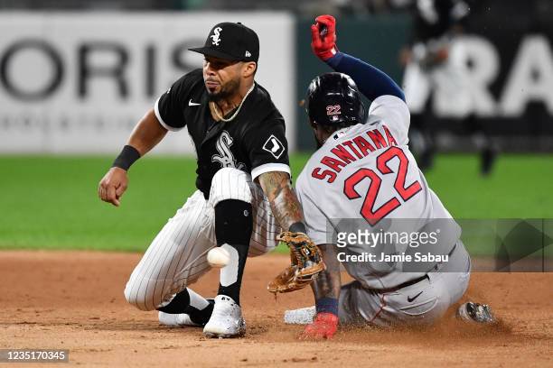 Danny Santana of the Boston Red Sox steals second base in the seventh inning as Leury García of the Chicago White Sox takes the throw at Guaranteed...