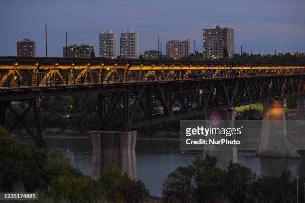 General view of the illuminated high level bridge in Edmonton. Edmontonians participated this evening in the sixth annual Bridge Of Life Suicide...
