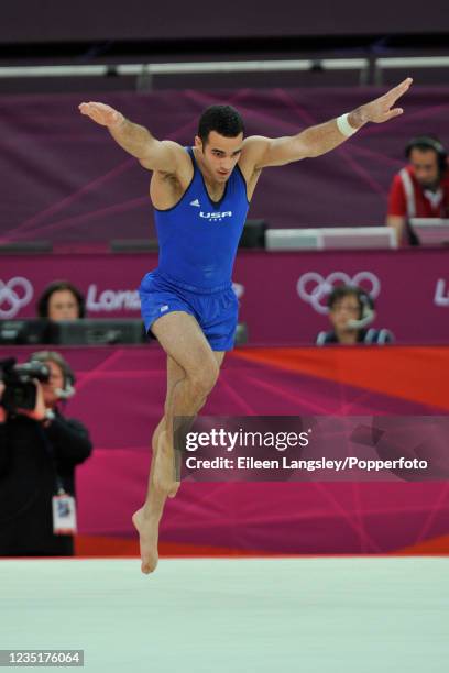 Danell Leyva representing the United States competing on floor in the mens artistic individual all-around final during day 5 of the 2012 Summer...